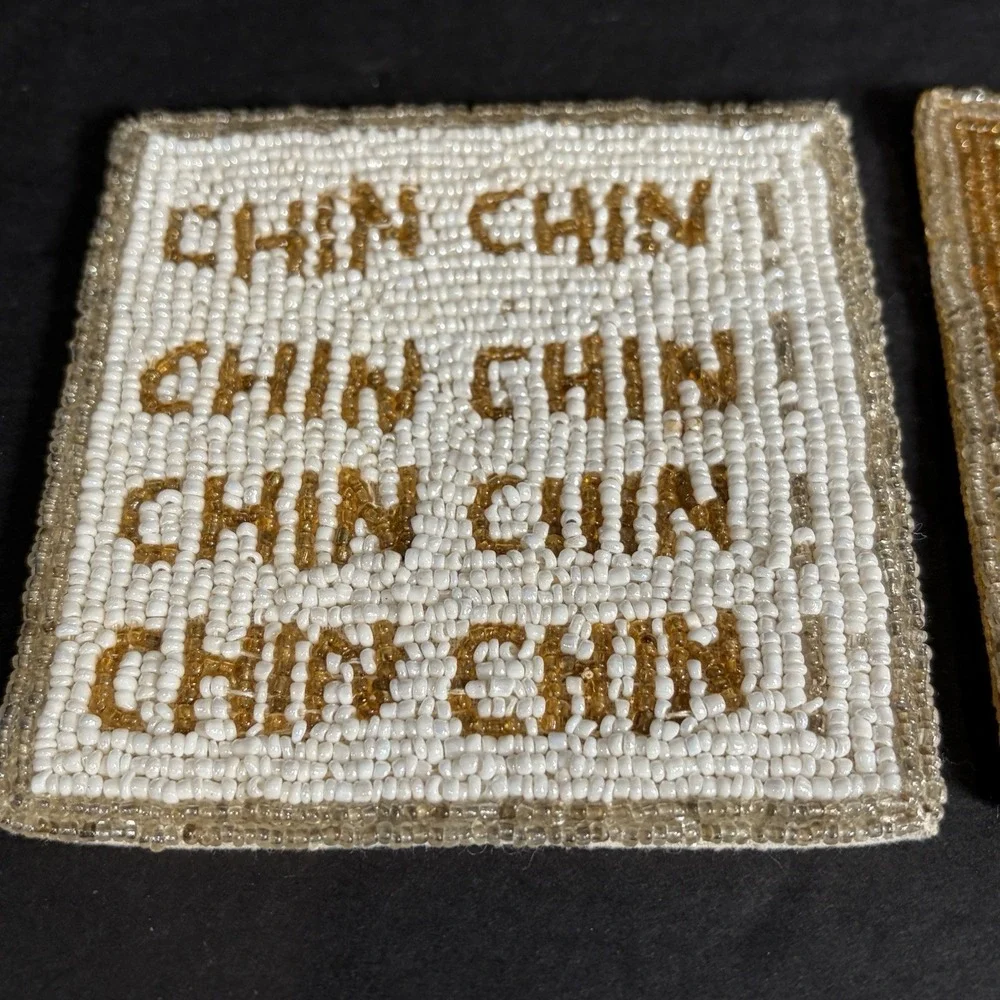 Kim Seybert Coasters Beaded Salud & Chin Chin Cheers Set of 2 Glass Beads NYC